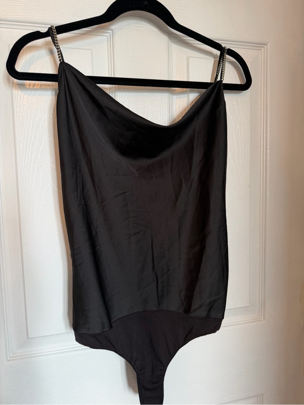 Black Satin Cowl Neck Bodysuit with Chain Straps
